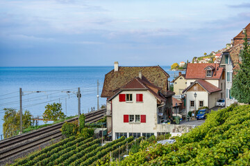 Village sur les rives du lac Léman en Suisse dans la région viticoles de Lavaux