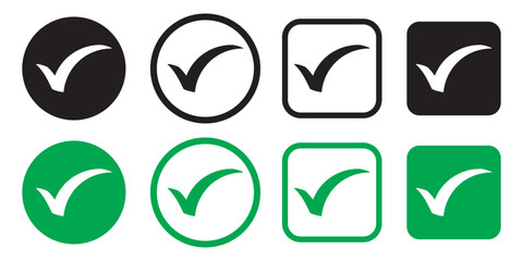 Green check mark icon set, Brush stroke approved symbols in green color, checkmark sign vector illustration, hand drawn tick sign collection, Correct vote choice isolated symbol © RadheK 