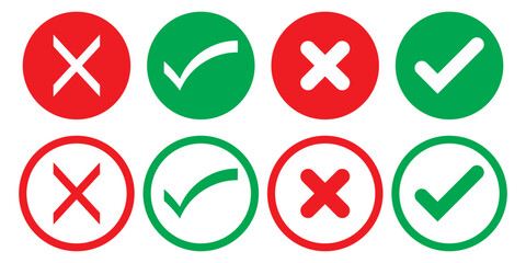 Green check marks and red X marks. Check marks indicate approval. X marks indicate rejection. Simple symbols for yes and no. Clear visual for correct and incorrect. Vector element set.