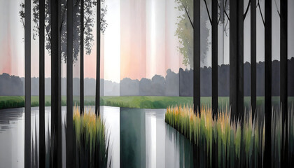 Fototapeta premium Serene Watercolor Riverside Twilight with Reflections in Nature