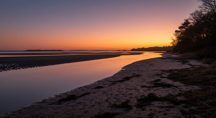 Serene Sunset Landscape Coastal Creek at Dusk Sandy Beach Tranquil Waters