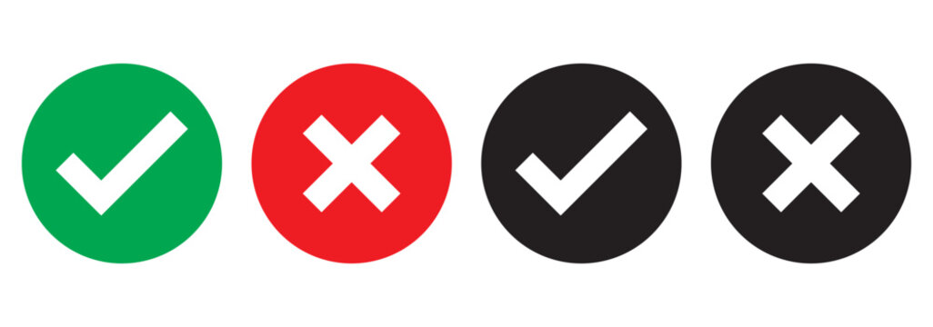 Green check marks and red X marks. Check marks indicate approval. X marks indicate rejection. Simple symbols for yes and no. Clear visual for correct and incorrect. Vector element set.