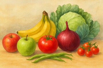Vibrant Watercolor Still Life Painting of Fresh Produce Colorful Apples Bananas Tomatoes Green Beans Red Onion Cabbage Healthy Food Illustration Organic Vegetables Fruits Kitchen Tabletop Scene       