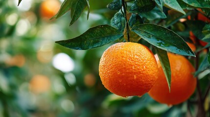 Fresh oranges hanging on a tree, surrounded by vibrant green leaves, showcasing a healthy citrus harvest in natural light.