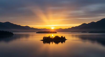 Serene Sunrise over Mountain Lake with Island Silhouetted Golden Hour Light