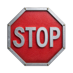 Metallic Stop Sign with Red Leather Texture – 3D Octagon Icon Isolated on Transparent Background 

