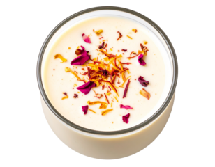 Top View of Traditional Lassi Served with Rose Petals and Saffron Strands, isolated on a transparent background