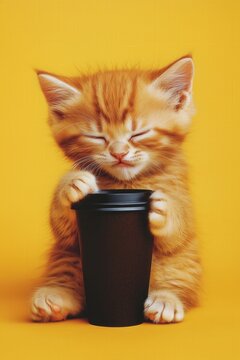 photography of adorable orange kitten holding a cuo of coffee. adorable poster