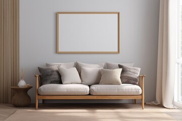 Cozy living room setup with modern sofa and blank wall art bright indoor environment contemporary viewpoint