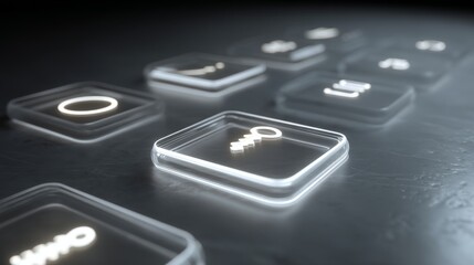 Fototapeta premium Futuristic keyboard keys illuminated with a glowing effect on a dark surface.