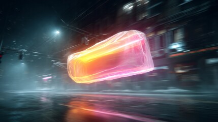 Futuristic neon car moving through a rainy urban night scene.