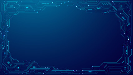 Fototapeta na wymiar Abstract technology frame made of circuit board wires and digital elements. Blue futuristic background with microchip components. Perfect for digital, tech, or innovation concepts. Vector illustration