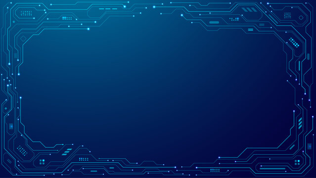 Abstract technology frame made of circuit board wires and digital elements. Blue futuristic background with microchip components. Perfect for digital, tech, or innovation concepts. Vector illustration