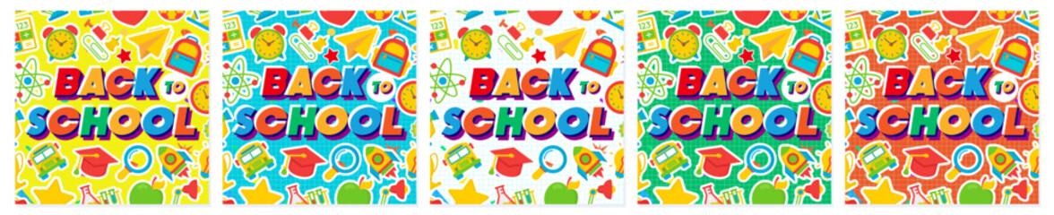 Back to school card collection modern typography on memphis background cartoon style for poster, post social media. Vector 10 eps