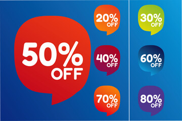 A percent sticker sale banner poster and symbol. discount offer price and new collection off sale number. 10% to 80% letter good advertising. 3D style 