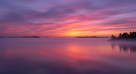 Serene Sunset over Misty Lake with Silhouetted Trees Vibrant Colors and Peaceful Atmosphere