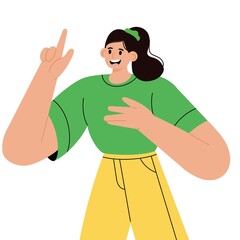 Happy woman is pointing finger to offer idea, thoughts. Asian girl is hand up to answer the question. Thinking person found a solution, decision. Flat isolated vector illustration on white background