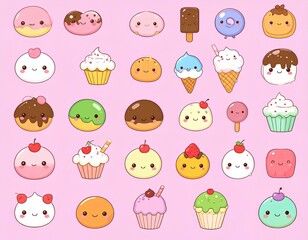 Fototapeta premium Cute Kawaii style Emoji Cartoon Sweet Icon Set with Smiling Faces and Fun Characters 