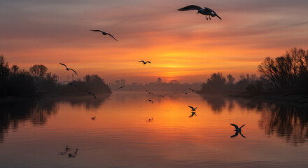 Serene Sunset over Calm River with Silhouetted Birds in Flight