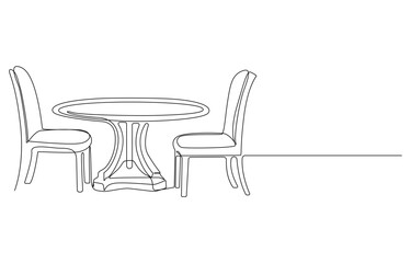 Minimalist Living Space Chair, Table, and Lamp in Line Art, Minimalist Table and Chair Line Drawing for a Cafe or Restaurant, Minimalist Line Drawing of a Table and Chairs,Cafe Table and Chairs 