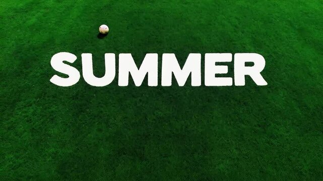 Summer baseball lettering resting on vibrant green grass field, showcasing seasonal sporting typography with pristine white text and copy space