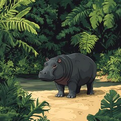 Hippopotamus stands in a lush jungle scene.