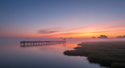 Serene Sunrise over Misty Marsh with Wooden Pier and Pavilion