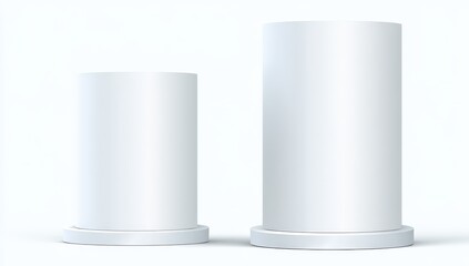 Two blank, white cylindrical display stands of different heights on white pedestals