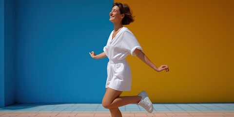 Young caucasian female joyfully dancing against colorful blue and yellow background