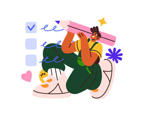 Concept of planning, time management. Person achieves aims, puts ticks in checkbox on task list. Business checklist, work schedule, timetable. Flat isolated vector illustration on white background