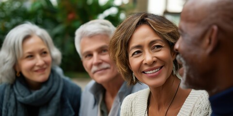 Obraz premium Diverse group of mature adults engaging in friendly conversation outdoors