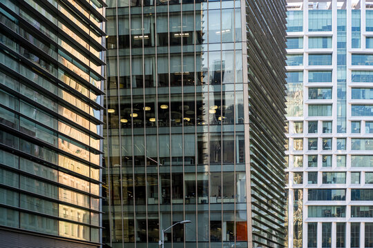 Cluster of tall office buildings with glass exteriors, reflections, Polanco, Ciudad de M&eacute;xico, modern corporate architecture, sunlight contrasts