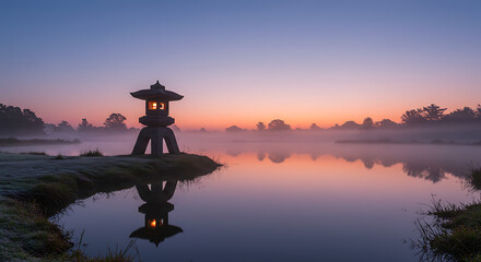 Serene Sunrise Illuminated Stone Lantern by Misty Lake at Dawn