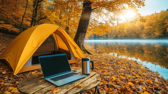 4k time lapse Yellow Tent and Laptop in Fall Woods