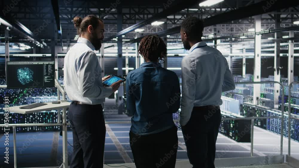 Poster software developers in data center monitoring ai llm visualization. server farm teamworking colleagu