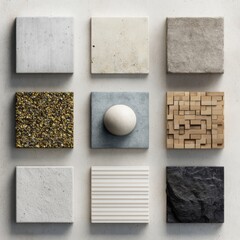 Nine square samples of various textures and materials, including stone, concrete, wood, and gravel