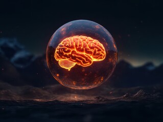 Surreal Digital Brain Encased in Holographic Sphere Floating Above Dark Mountain Landscape
