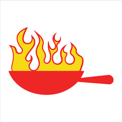 Red frying pan with yellow flames