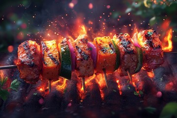 Grilled skewers, flames, outdoor cooking