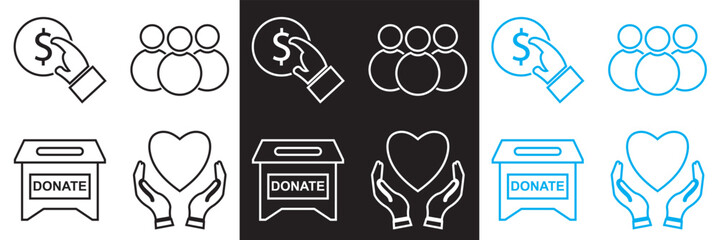 Charity and Donation icons. Help, caring, solidarity, alms, donate, volunteer, care, charity icon. Vector illustration. isolated on white and black background. EPS 10