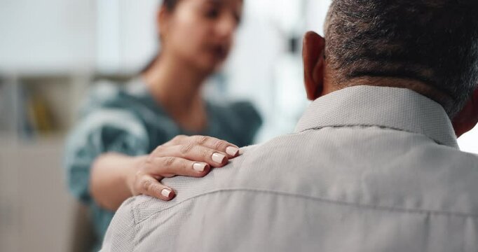 Psychology, support and back with hands of person for advice, mental health and therapy. Empathy, compassion and anxiety assessment with closeup of people in clinic for trust, trauma and counseling