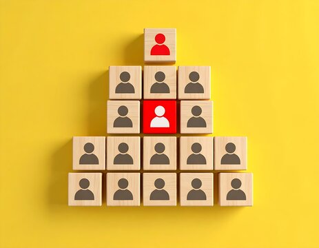 Leadership Hierarchy Team Structure, Management, Wooden Blocks, Red Icons, Yellow Background