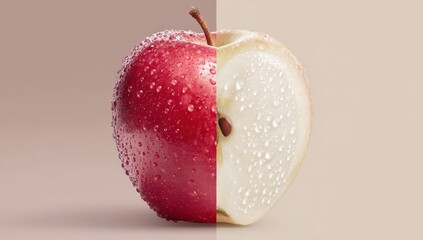 Red apple halved, wet with water droplets