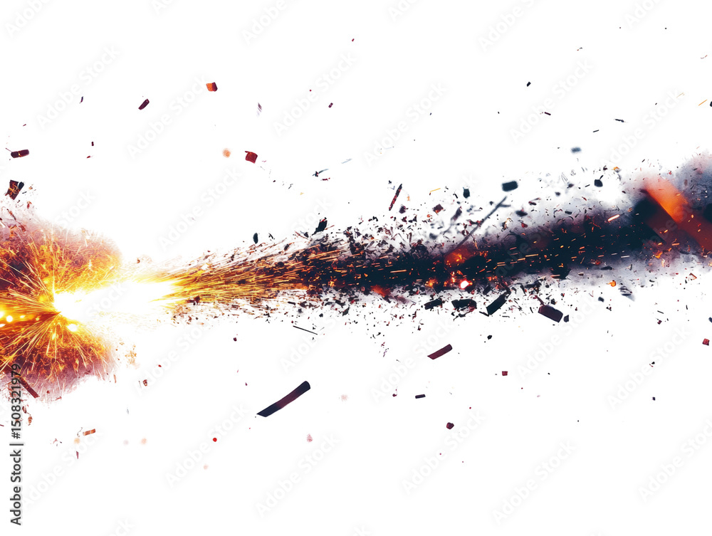 Poster dynamic and volatile explosion with debris, sparks and smoke on white background