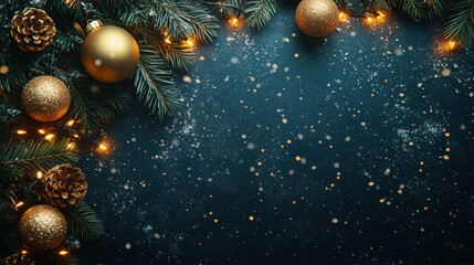 Christmas ornaments and pine cones with golden lights creating magical holiday border on dark blue sparkly background