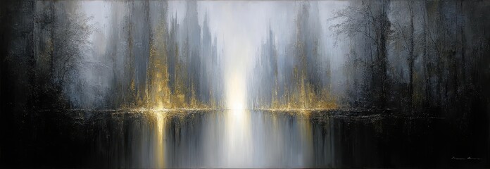 Golden path through misty forest