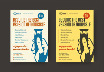 Retro barbershop flyer featuring bold headline, service list, contact details, price label, and hand holding a hair trimmer. Perfect for haircut promotions. Vector illustration