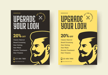 Vintage style barber flyer featuring bold typography, male portrait, service list, contact details, and discount offer in retro layout. Perfect for barbershop promotion. Vector illustration