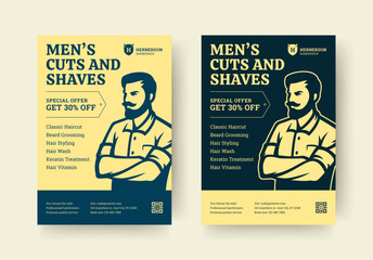 Barbershop flyer design with classic man portrait, list of grooming services, promotional discount banner, and bold typography in vintage style. Vector illustration
