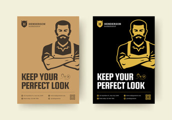 Barbershop flyer with confident male figure, bold retro typography, classic layout, contact information, and elegant decorative elements in vintage colors. Vector illustration